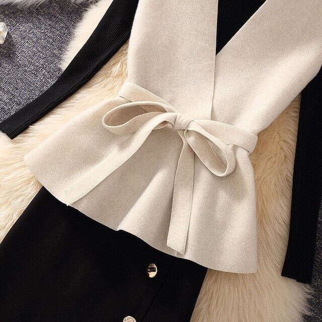 【set】好感度満載！秋冬新作Vネックベスト+無地セーター+美シルエットスカート通勤日常3点セットF1295