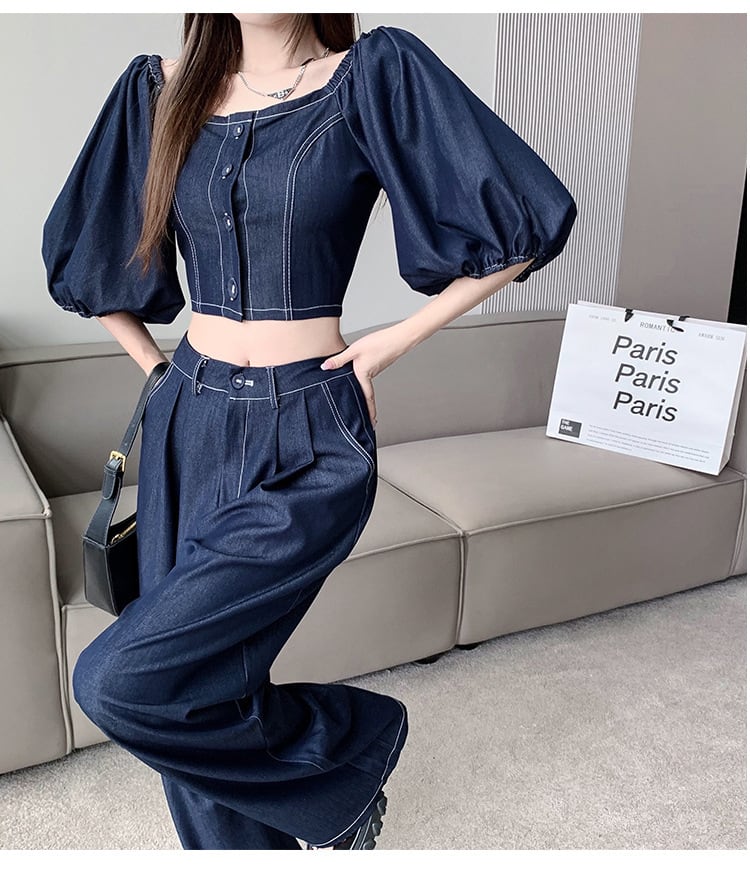 【set】オフネック半袖パフ袖ブラウス+無地ガウチョパンツ2点セットF5313