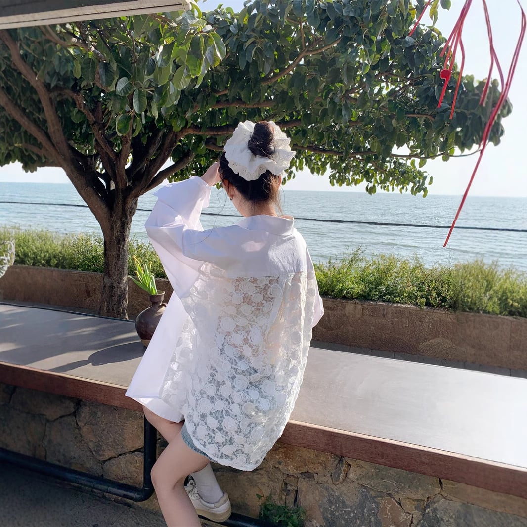 【tops】レース切り替えシャツブラウス　M29788