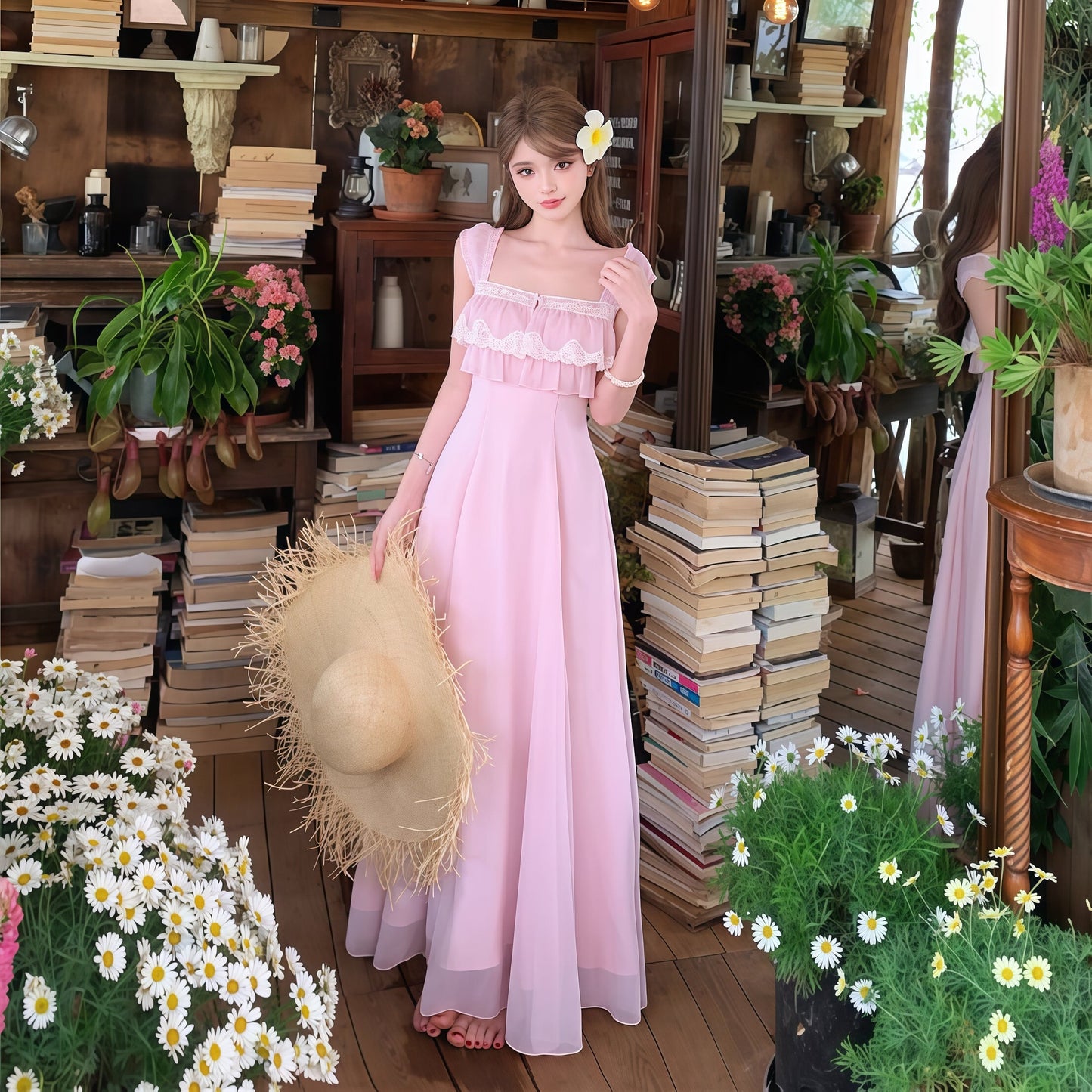 【dress】レースドッキングフリルロングワンピース　N3557
