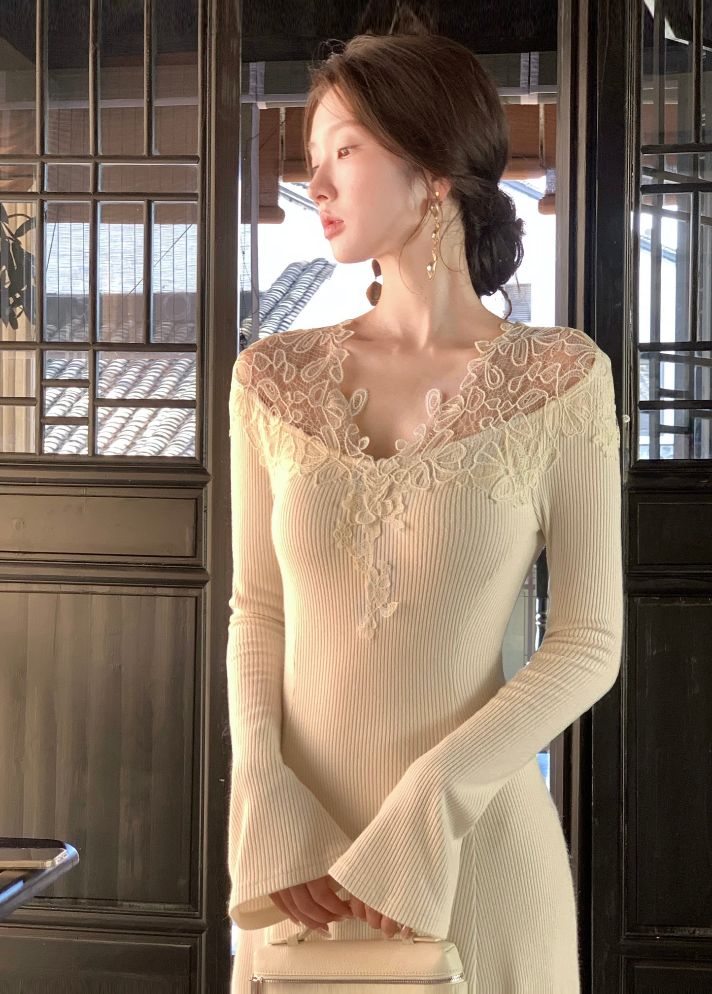 【dress】レーストリミングニットワンピース　N3392