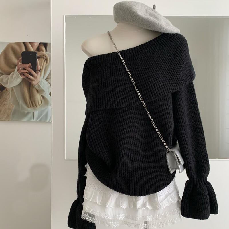 【tops】オフショルダーラペルニットトップス Q7643