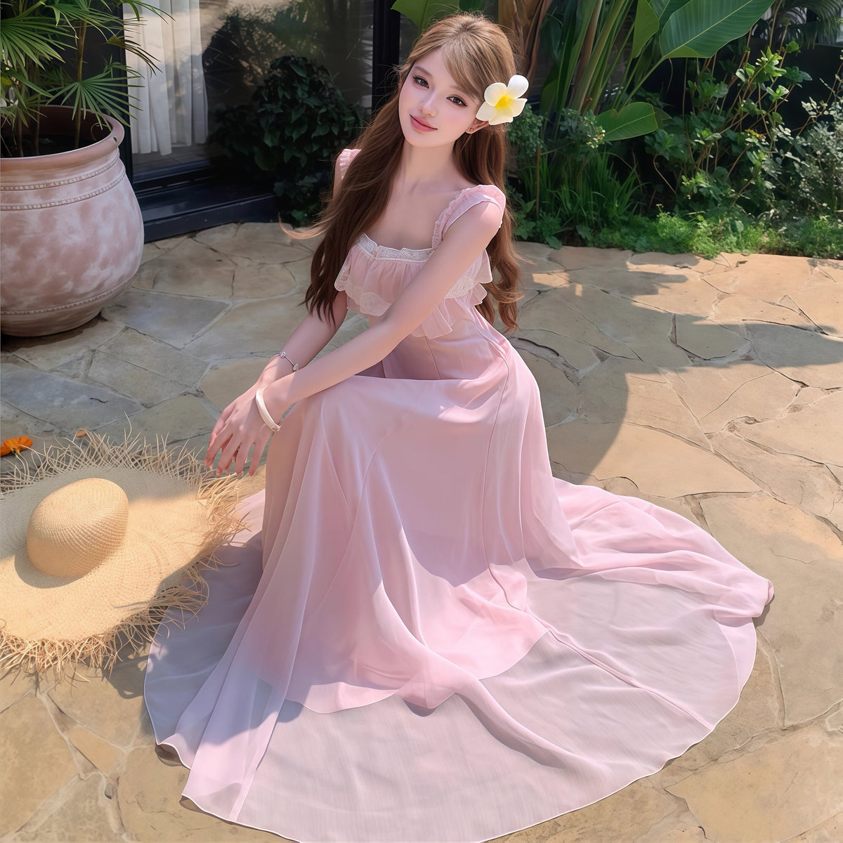 【dress】レースドッキングフリルロングワンピース　N3557