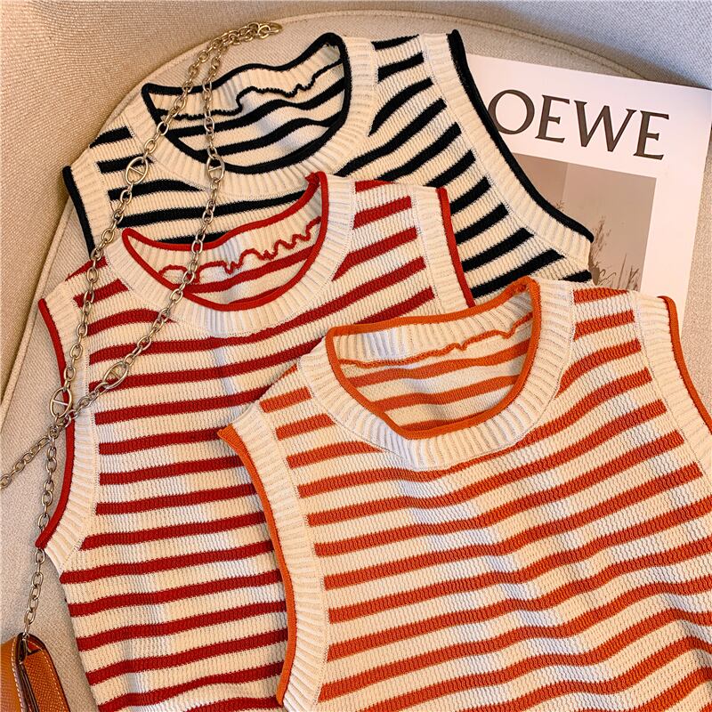 【tops】ボーダー柄ニットタンクトップF7178