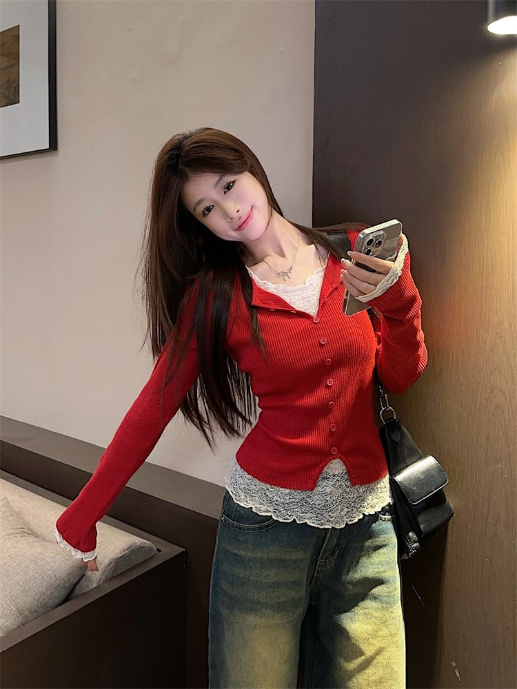 【【tops】レースドッキングニットトップス　M28831