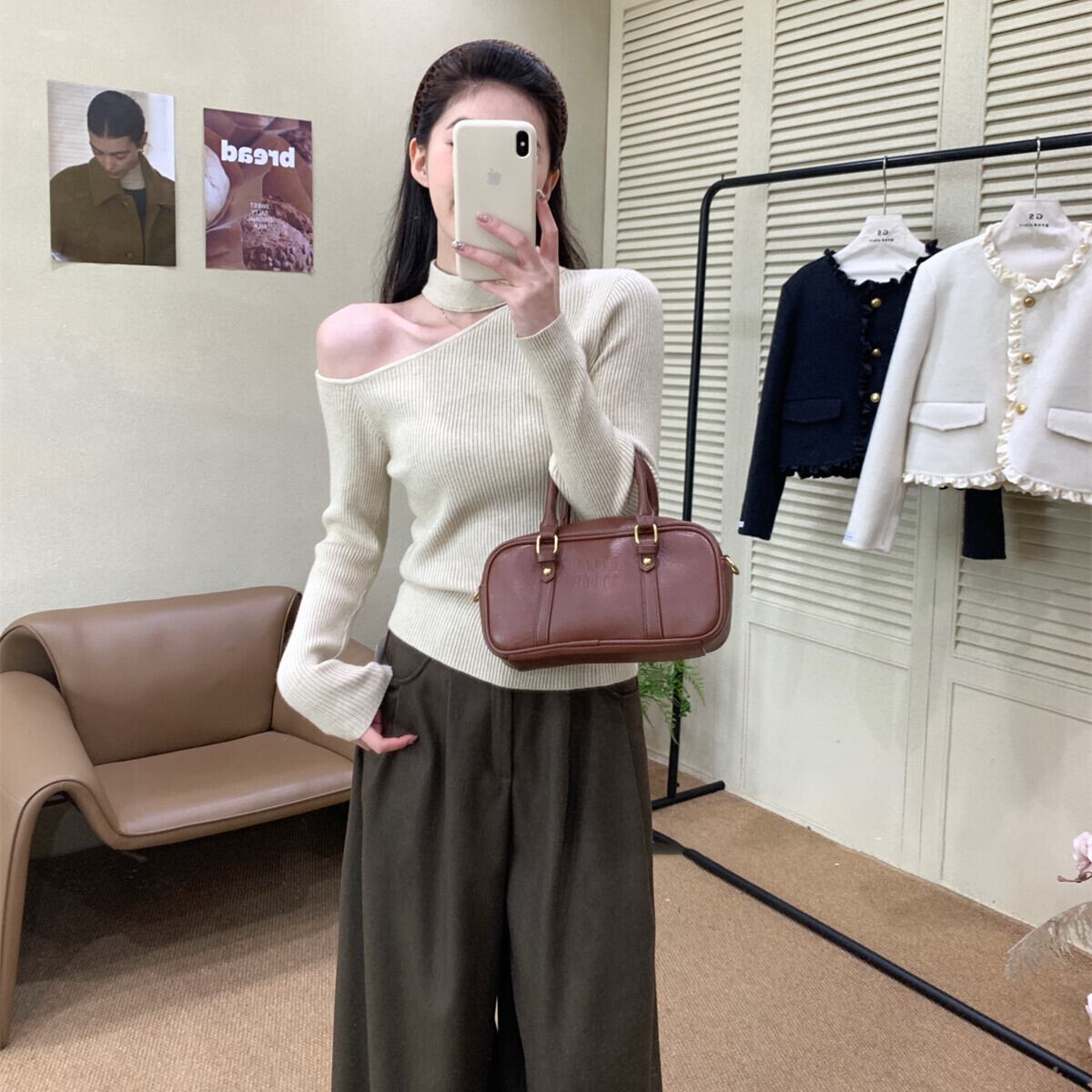 【tops】ワンショルハイネックニットトップス　N2931