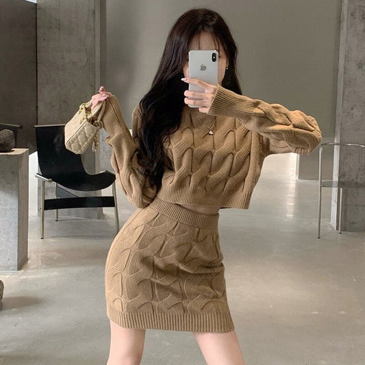 【set】 長袖セーター+タイト無地スカートニットセットアップF3468