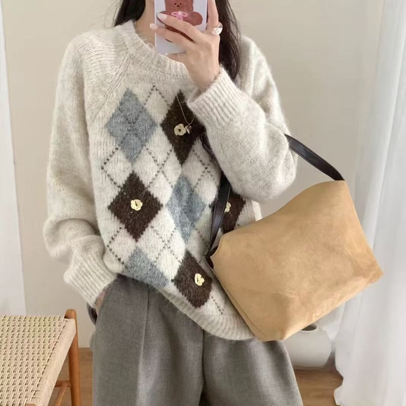 【tops】アーガイルチェックニットトップス Q7145