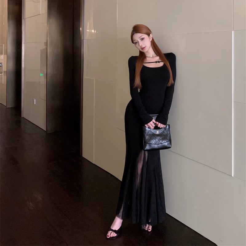 【dress】チュールドッキングロングワンピース Q7017