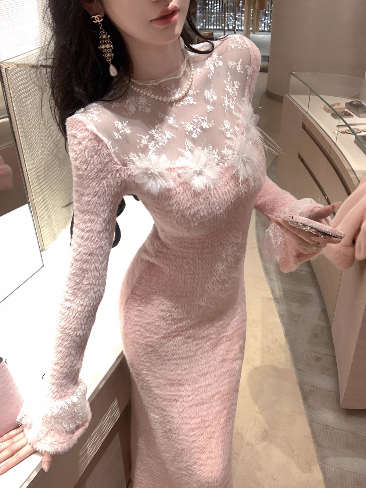 【dress】レースドッキングニットワンピース Q7275