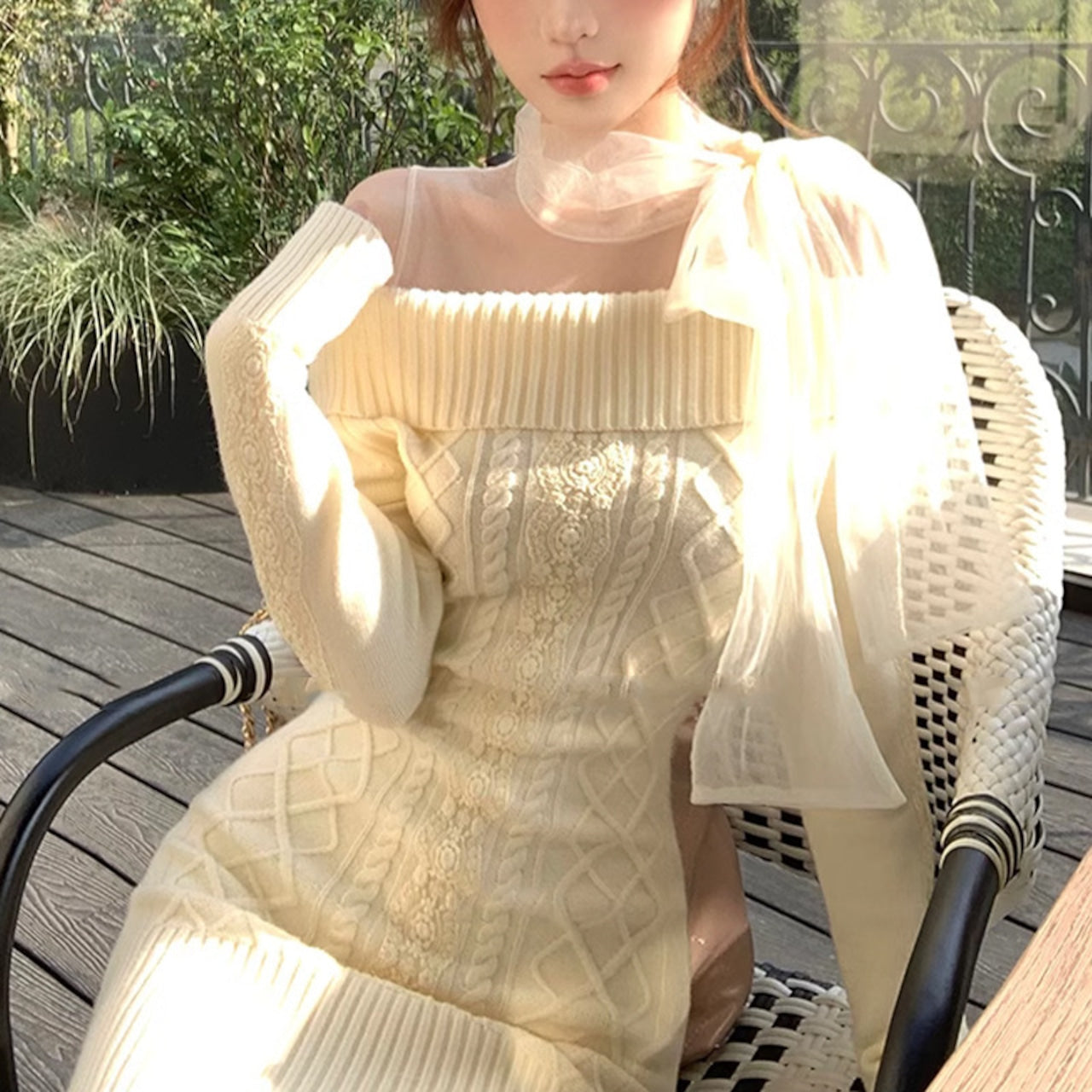 【dress】チュールドッキングリボンニットワンピースF8471