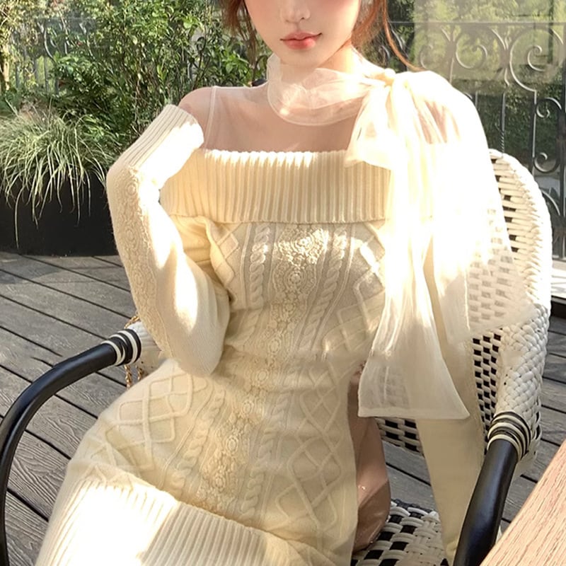 【dress】チュールドッキングリボンニットワンピース　M27056