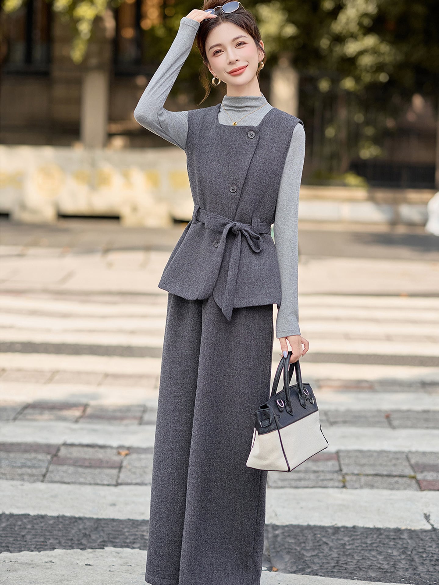 【set】ベスト×ハイネックトップス×ワイドパンツ3点セット Q6976