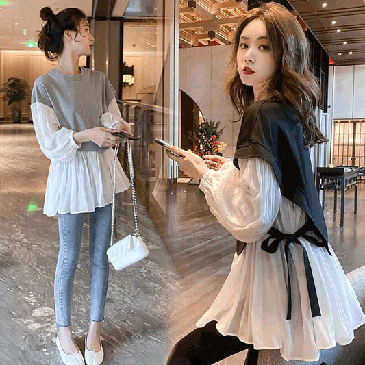 【tops】話題沸騰中ラウンドネック長袖ランタンスリーブ韓国風配色フリル偽二つ切り替えブラウスF1763