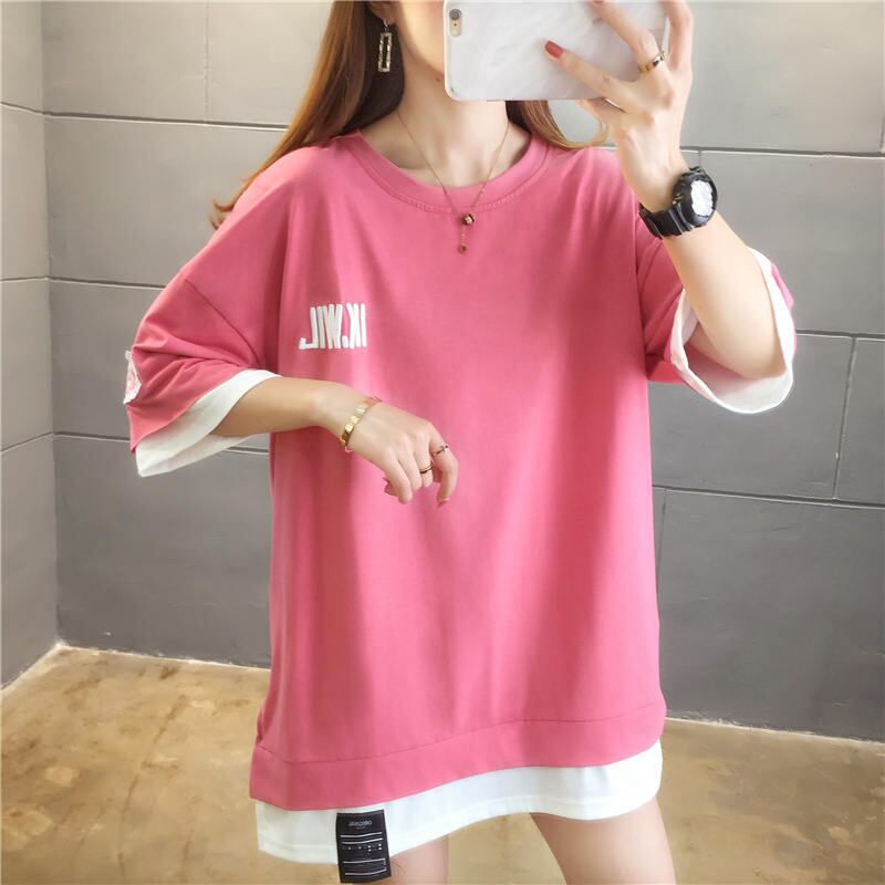 【tops】ラウンドネック半袖カジュアル偽二つ切り替え配色着まわしTシャツ