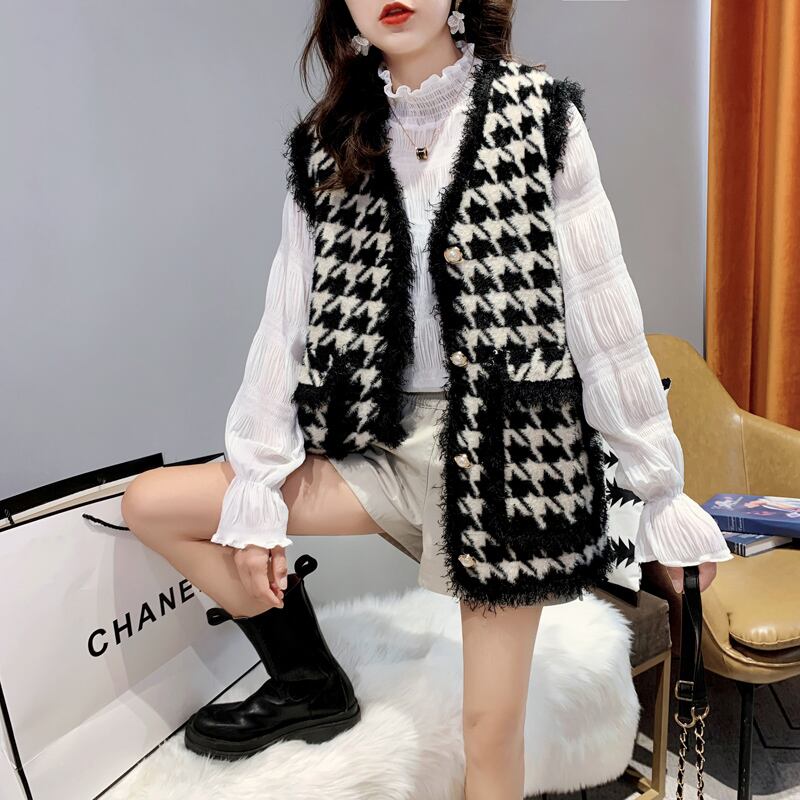 【tops】気質溢れる♪秋冬の新作千鳥格子ノースリーブINS風韓国着回しニットチョッキF0685