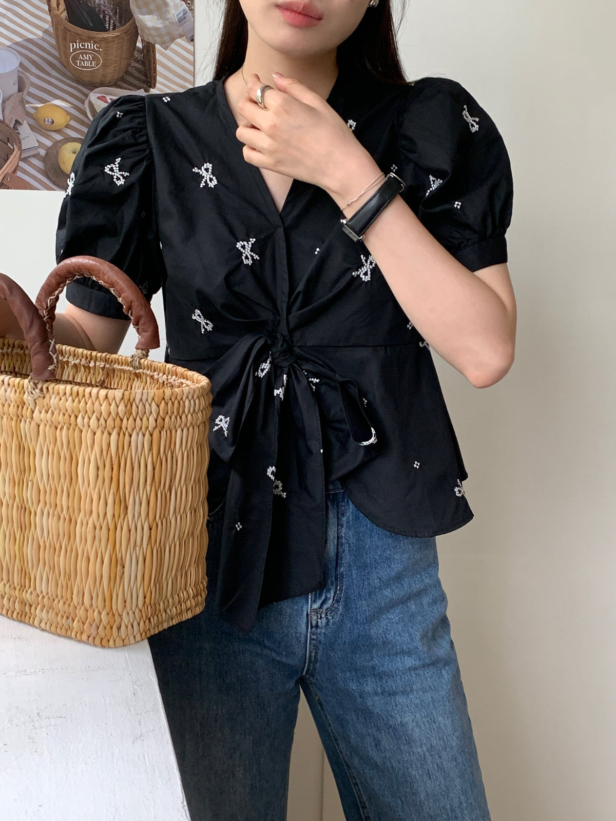 【tops】リボンプリントシャツトップス　M23890
