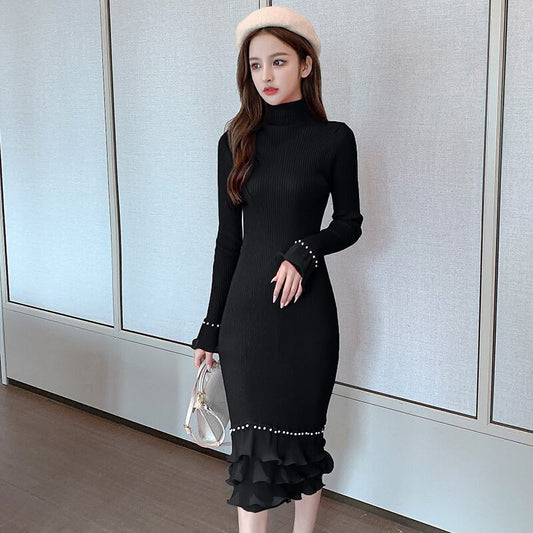 【dress】エレガント!気質満点レトロ体型カバー秋冬新作フリルニットワンピース G3729