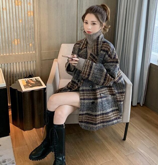 【outer】気質溢れる♪大きいラペル長袖チェック柄ゆったり着回し厚手コートF0844