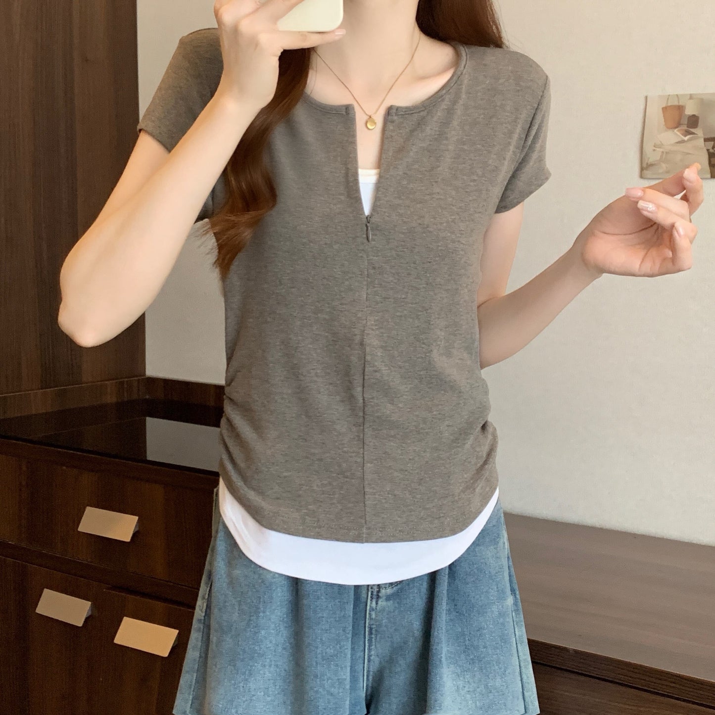 【tops】偽二つ切り替えTシャツG21042