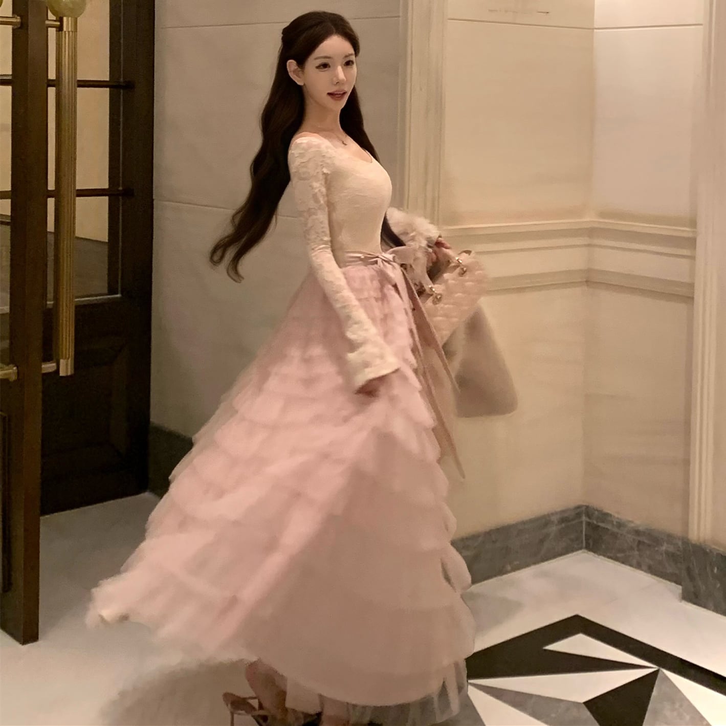 【dress】レースドッキングティアードワンピース　N3475