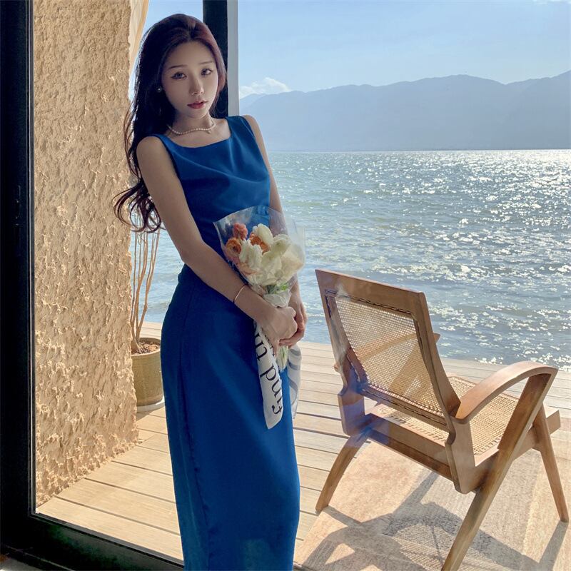 【dress】上品なシルエット!気質満点レトロノースリーブOL通勤ハイウエストワンピース G7444