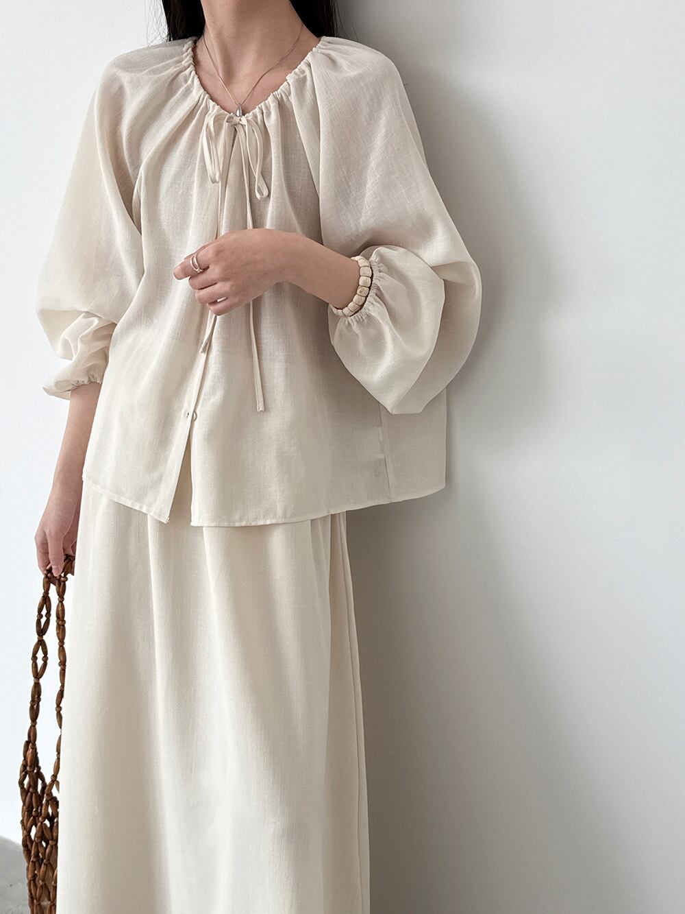【set】リボン付きトップス×ロングスカートセット Q8324