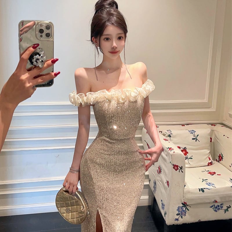 【dress】スパンコール付きオフショルダーロングワンピース Q8041