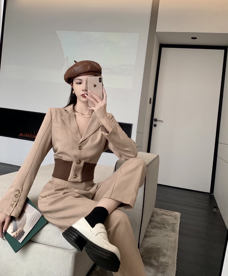 【set】絶対欲しい!気質満点レトロシンプル長袖アウター+ハイウエストパンツ２点セット G3989