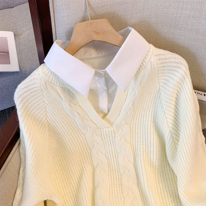 【tops】フェイクレイヤードニットトップス Q6986