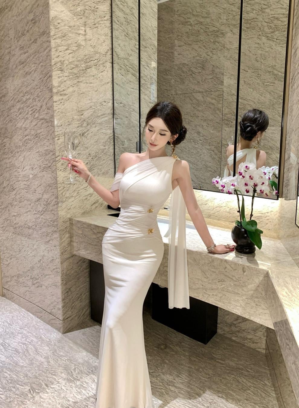 【dress】ワンショルダーギャザーデザインロングワンピース Q7977