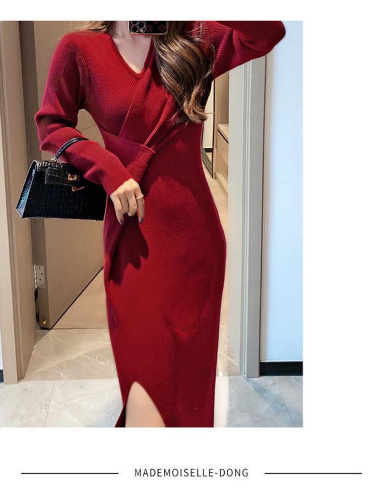 【dress】上品な質感!気質満点レトロ高品質秋冬新作体型カバーニットワンピース G3357