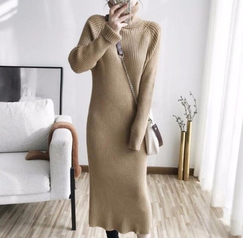 【dress】秋冬気質満点レトロフランス風着痩せハイネックニットワンピース G2598