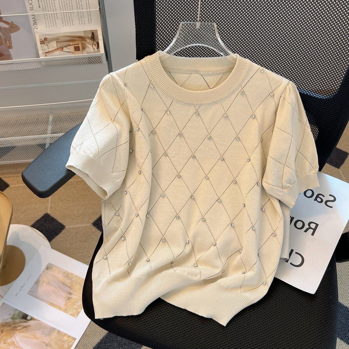 【tops】2色ラインストーンニットＴシャツF7308