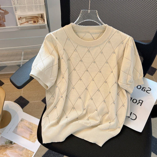 【tops】2色ラインストーンニットＴシャツF7308