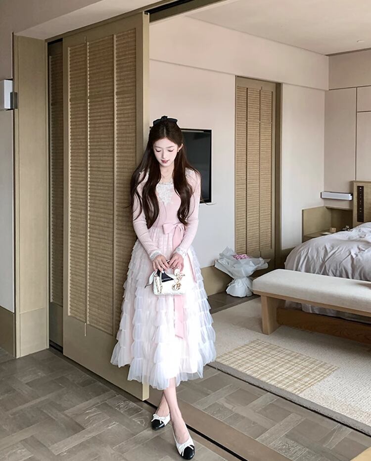 【dress】レース付きニットドッキングチュールワンピース Q7646