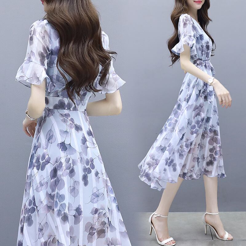 【dress】一目惚れ！Vネックフレアスリーブギャザー花柄ワンピースF0298