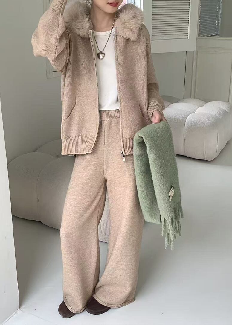 【set】ファー付きニットカーディガン×ワイドパンツセット Q7389