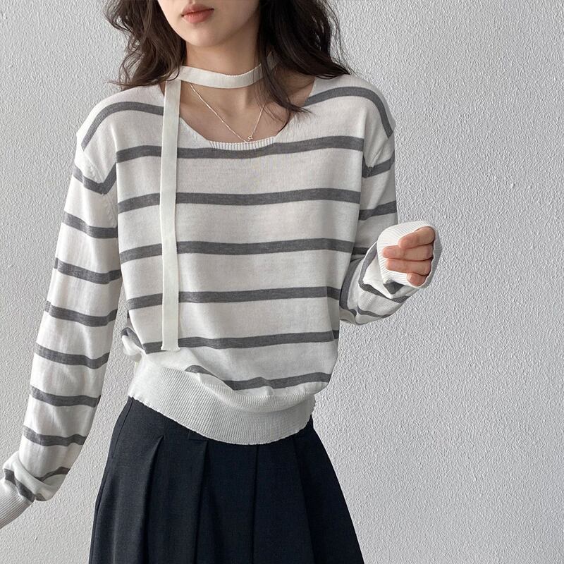 【tops】スカーフ付きボーダー柄ニットトップス Q8284