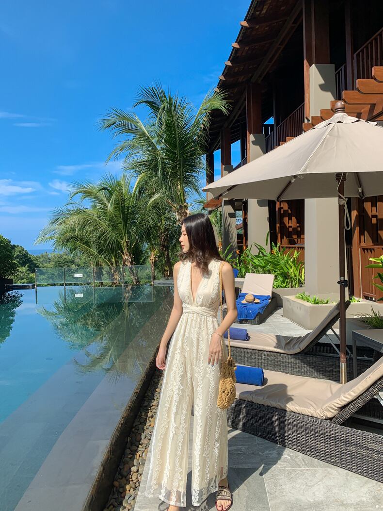 【set】Vネックレースバックで綺麗オールインワンG21327