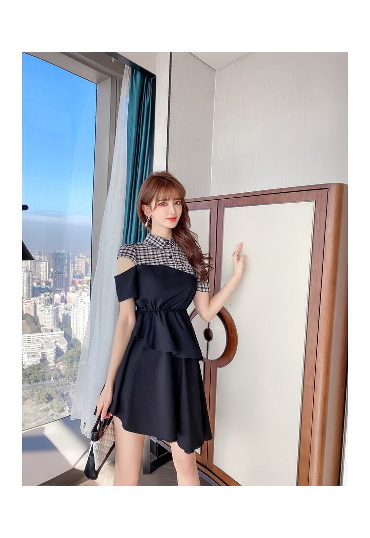 【dress】高級感!気質満点OL通勤POLOネック切り替えチェック柄ワンピースF0033