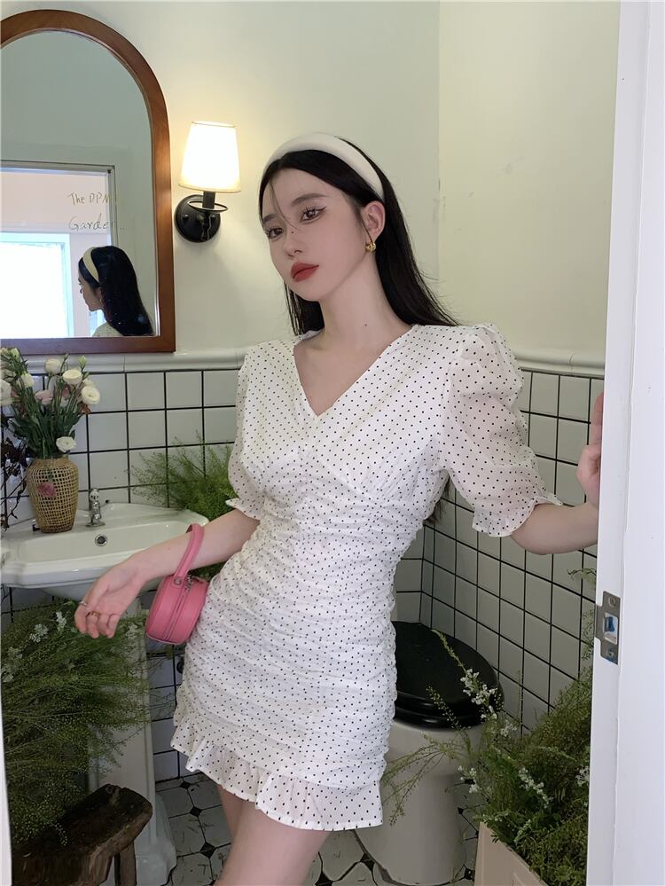 【dress】Vネックパフスリーブギャザーワンピース G21271