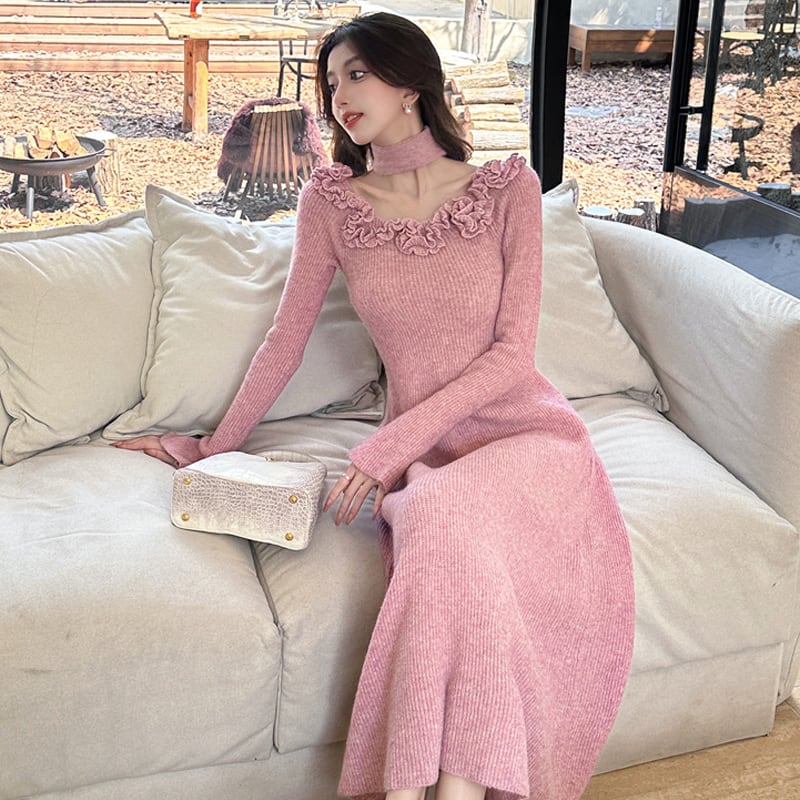 【dress】立体バラ付きニットワンピース Q7051