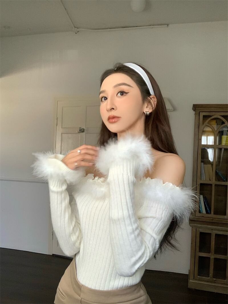 【tops】ファーオフショルダーニットトップス　M28262