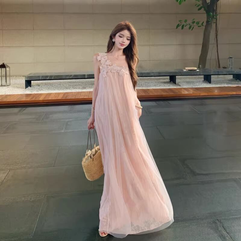 【dress】レースドッキングワンショルダーロングワンピース Q8444