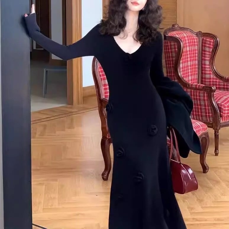 【dress】立体フラワーニットワンピース　M26363