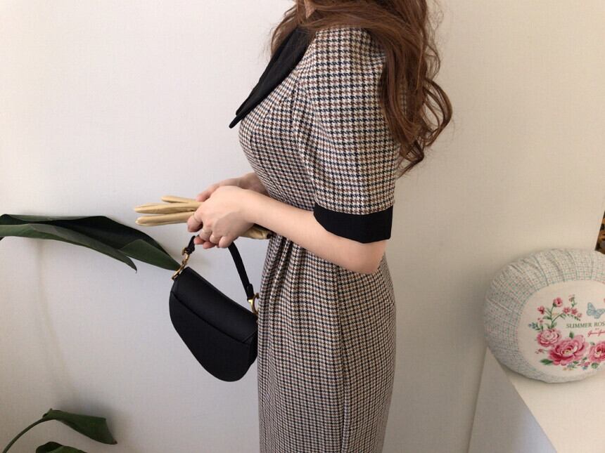 【dress】韓国風好感度UP!気質満点着痩せ折り襟 エレガント千鳥格子ワンピース G0336