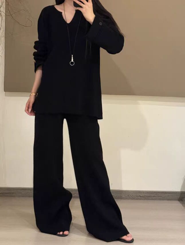 【set】Vネックニットトップス×ワイドパンツセット Q7440