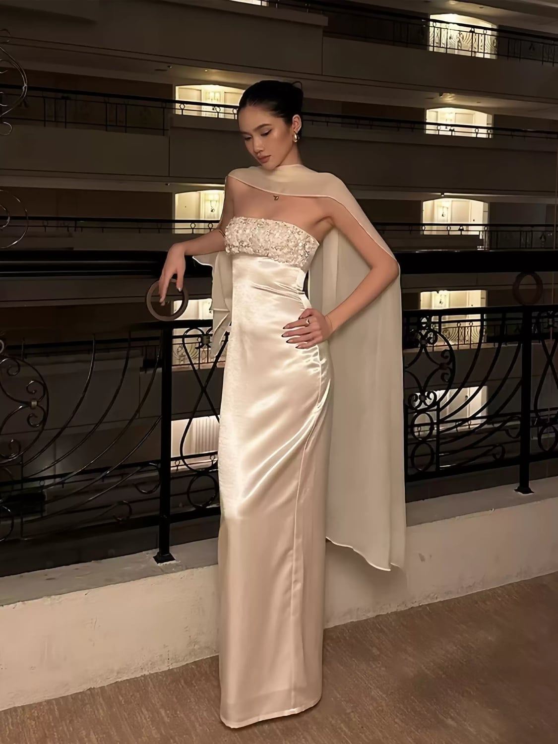 【dress】スカーフ付きオフショルダーロングドレス Q7794