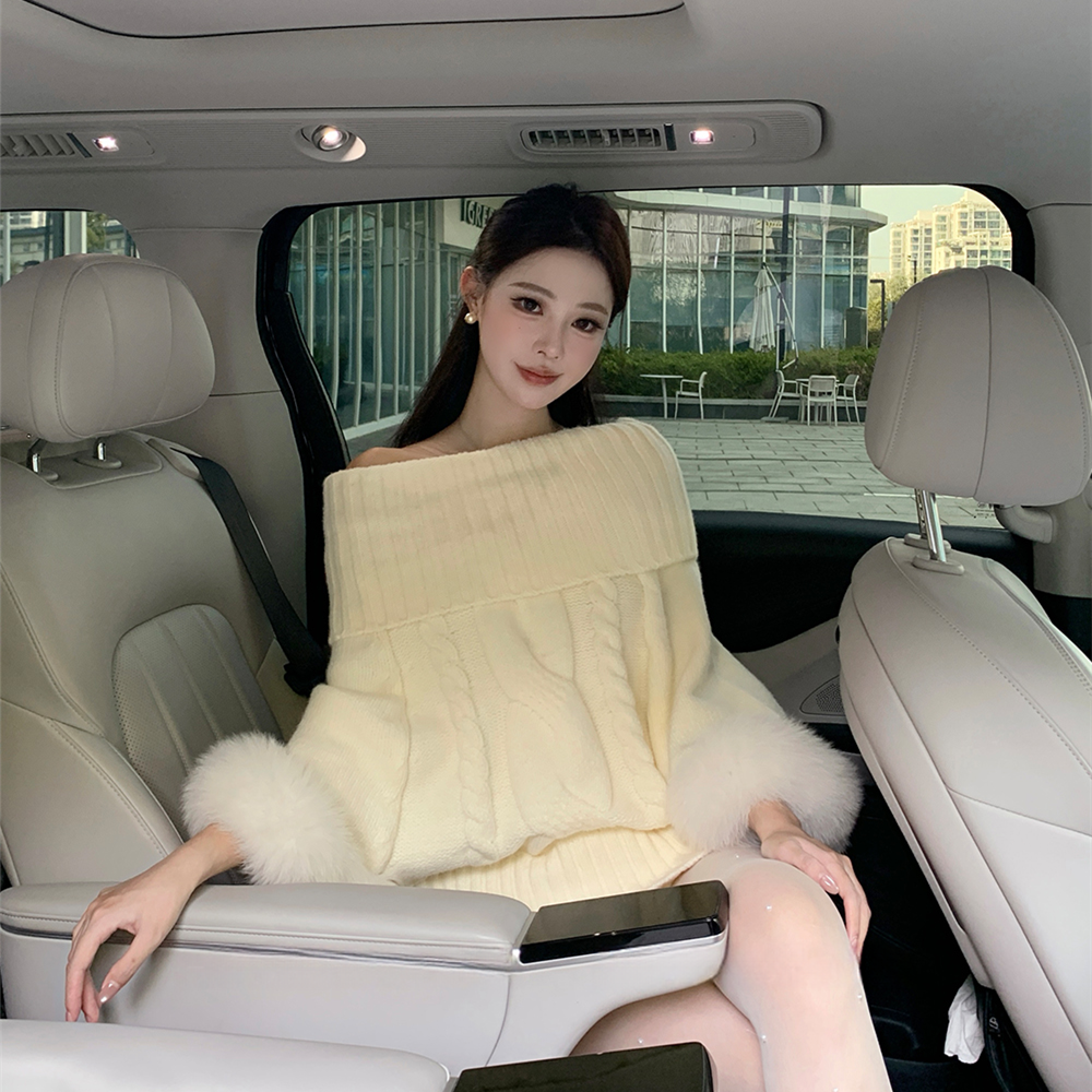 【tops】2WAY袖ファーオフショルニットトップス　N3378